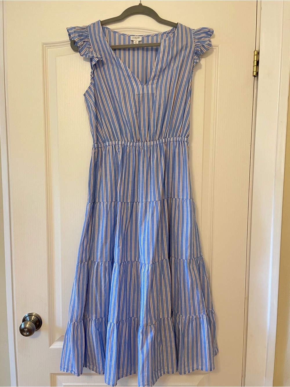 J. Crew Blue and White Striped Tiered Dress